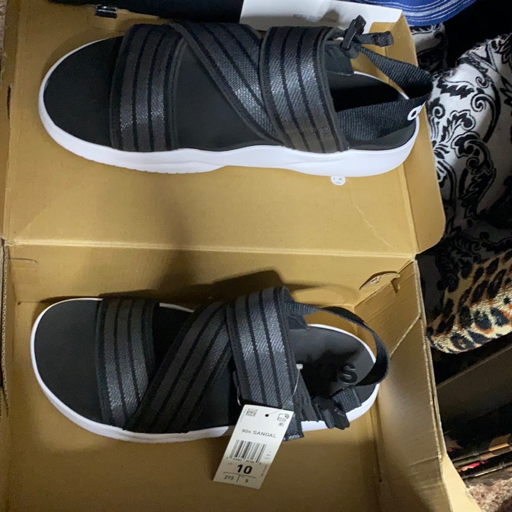 Adidas 90’s sandals, black and white, size 10